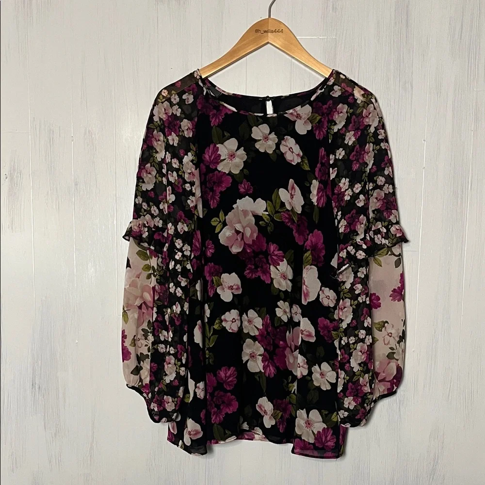 Calvin Klein Floral‎ Black and Pink Ruffle Sleeve Blouse Size 1X - Picture 2 of 8